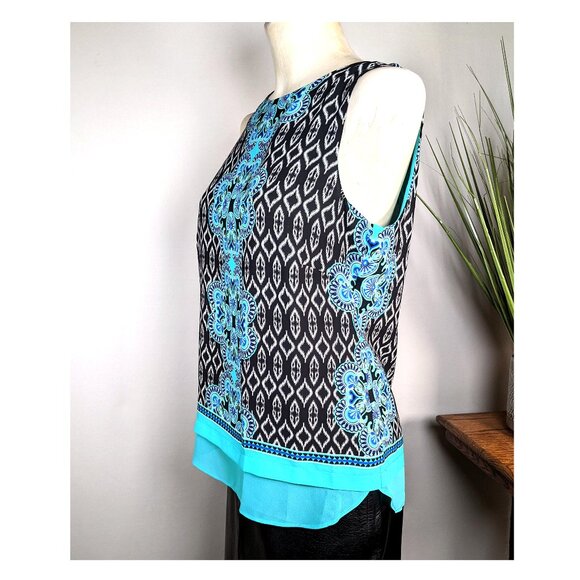 Rose & Olive Top Turquoise Print Layered Sleeveless Scoop Neck Sz Small NWT - Picture 2 of 7